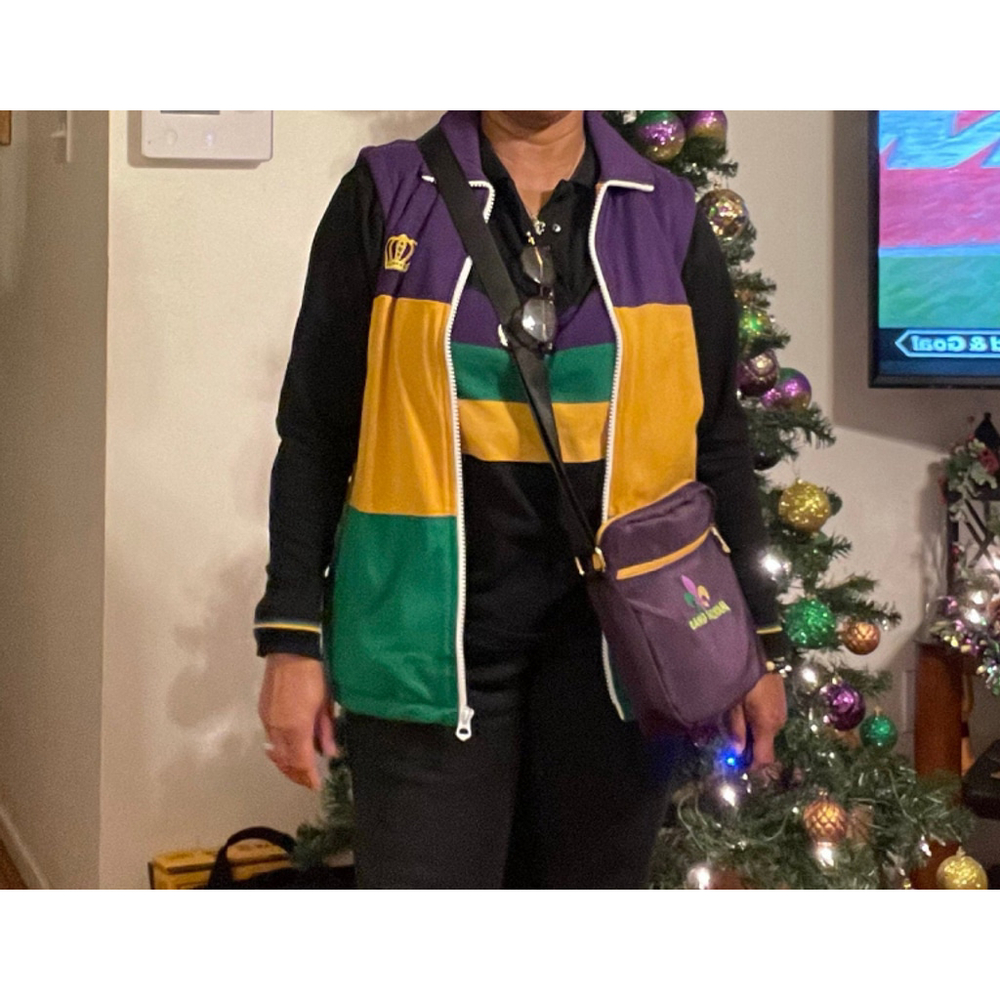 Purple, Green and Gold Color Block Faux Fur Lined Mardi Gras Vest with Pockets - Picture 3 of 5